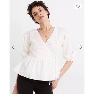 NWT Madewell Embroidered Eyelet Puff-Sleeve Peplum Wrap Top